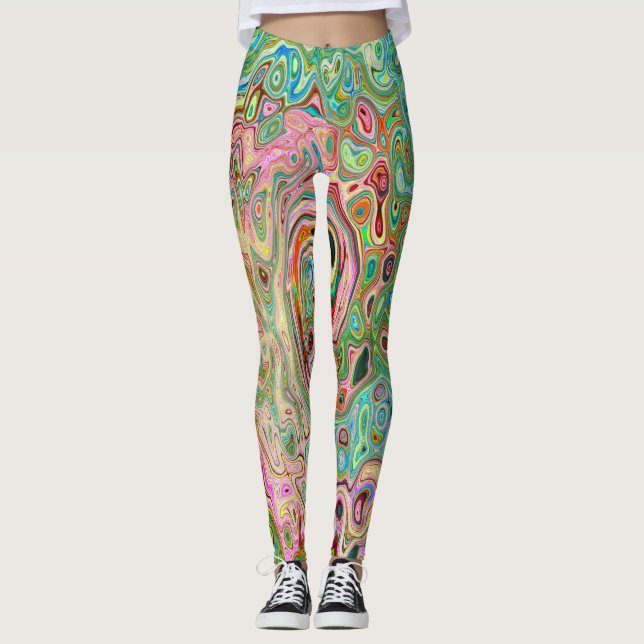 Retro Groovy Abstract Colourful Rainbow Swirl Leggings (Front)