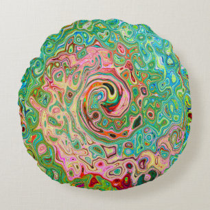 Retro Groovy Abstract Colourful Rainbow Swirl Round Cushion