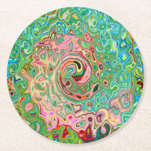 Retro Groovy Abstract Colourful Rainbow Swirl Round Paper Coaster