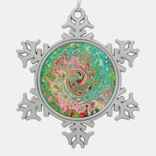 Retro Groovy Abstract Colourful Rainbow Swirl Snowflake Pewter Christmas Ornament