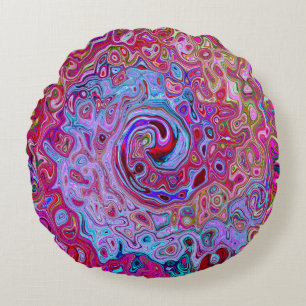 Retro Groovy Abstract Lavender and Magenta Swirl Round Cushion