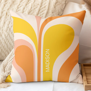 Retro Groovy Abstract Peach Orange Yellow Name Cushion