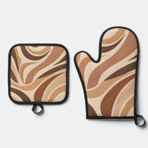Retro Groovy Abstract Swirls Neutral Earth Tones Oven Mitt & Pot Holder Set