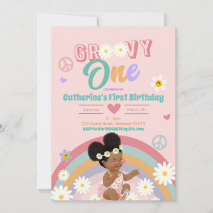 Retro Groovy Afro Girl One First Birthday Invitation