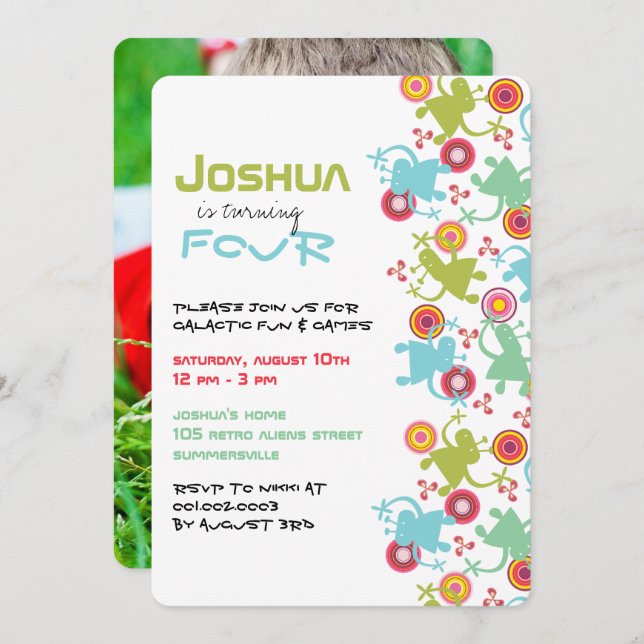 Retro Groovy Aliens Kids Photo Birthday Invitation (Front/Back)