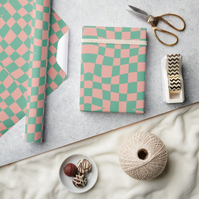 retro groovy aqua pink wavy checkered  wrapping paper (Crafts)