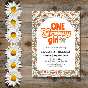 Retro Groovy Arch Bright Orange Daisy 1st Birthday Invitation