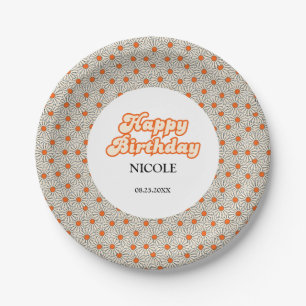 Retro Groovy Arch Bright Orange Daisy Birthday Paper Plate