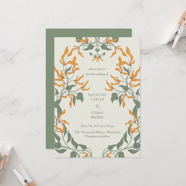 Retro Groovy Art Nouveau Floral Wedding Invitation (Front/Back In Situ)