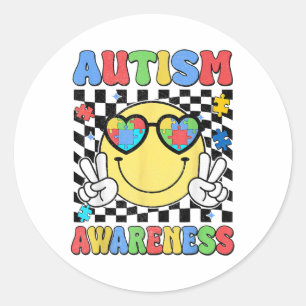 Retro Groovy Autism Awareness Hippie Smile Face Bo Classic Round Sticker