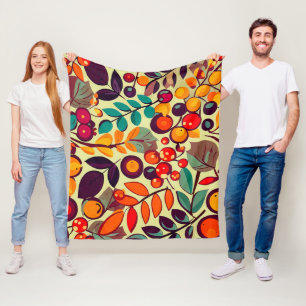 Retro Groovy Autumn Fall Berries Leaves Pattern Fleece Blanket