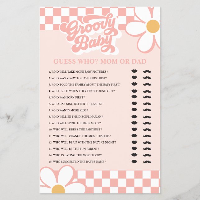 Retro Groovy Baby Guess Who Baby Shower Game Flyer (Front)