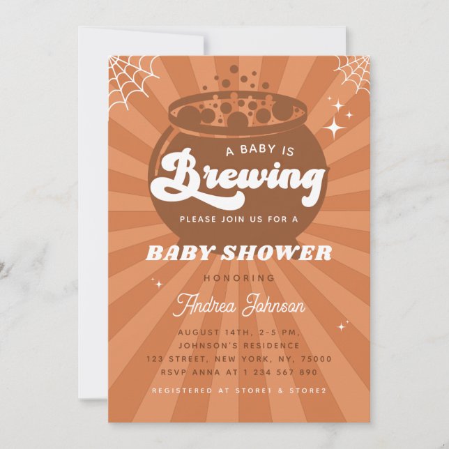 Retro Groovy Baby Is Brewing Halloween Baby Shower Invitation (Front)