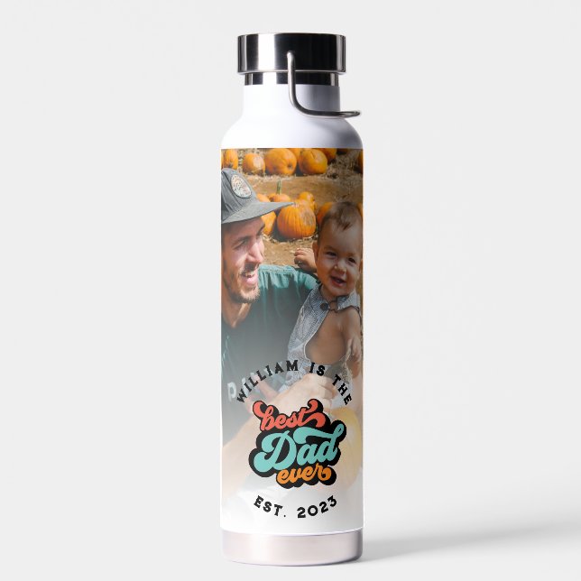 Retro Groovy Best Dad Ever Photo Name Year Water Bottle (Left)