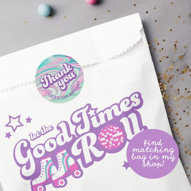 Retro Groovy Birthday Thank You Favour Classic Round Sticker (Creator Uploaded)