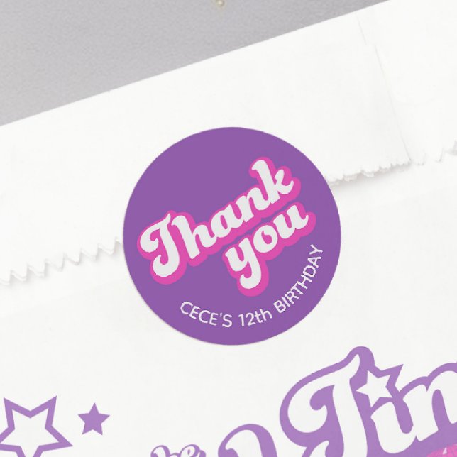 Retro Groovy Birthday Thank You Favour Classic Round Sticker (Creator Uploaded)