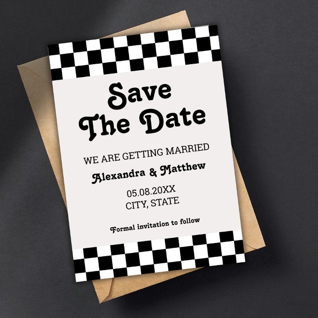 Retro Groovy Black And White Chequered Save The Date (retro save the date card checkerboard classic black and white groovy)