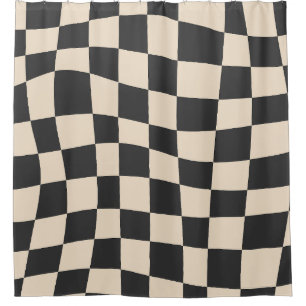 Retro Groovy Black Cream wavy checkered Pattern Shower Curtain
