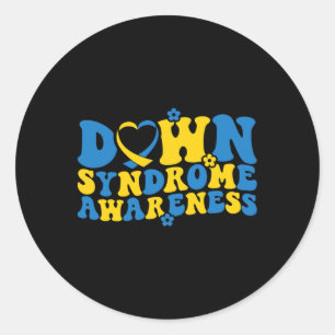 Retro Groovy Blue And Yellow Ribbon Down Syndrome Classic Round Sticker