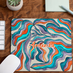 Retro Groovy Blue Orange Purple Wavy Script Name Mouse Pad