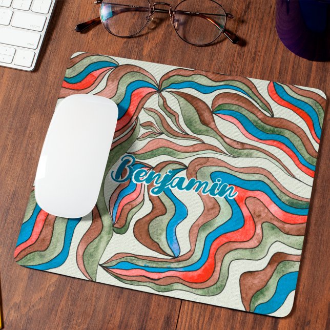 Retro Groovy Blue Red Green Wavy Script Name Mouse Pad (Front)