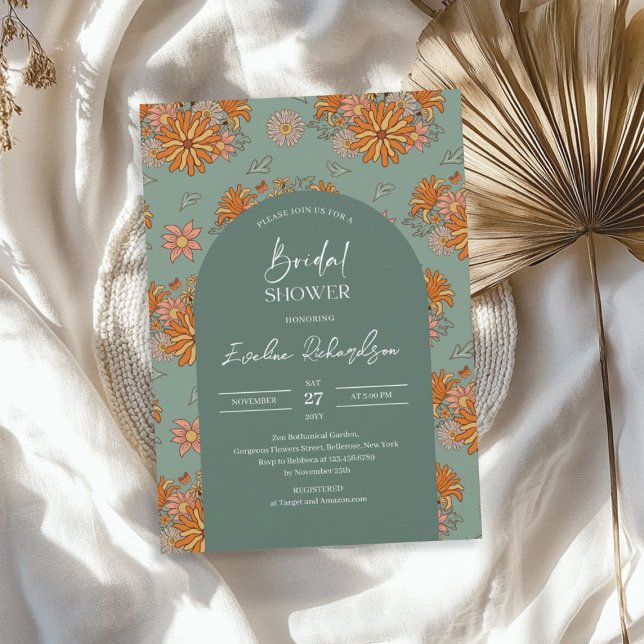 Retro groovy boho arch dusty green orange yellow invitation (Retro groovy boho arch dusty green orange yellow invitation)