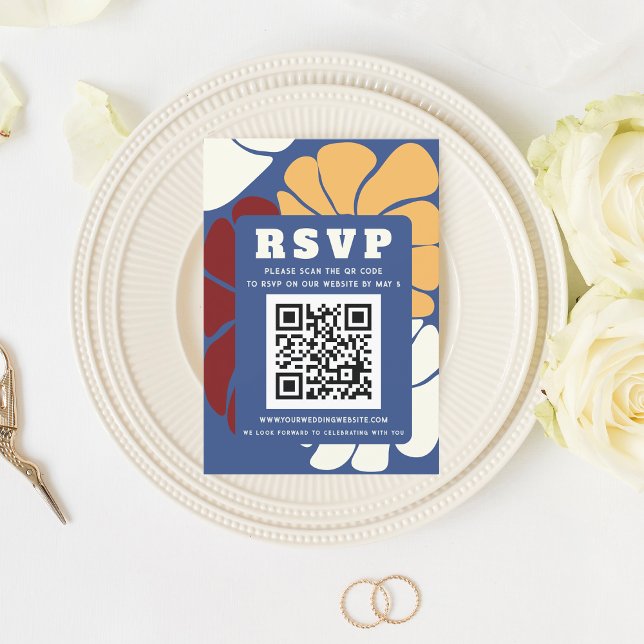 Retro Groovy Boho Chic Floral Wedding QR CODE RSVP Card (Retro Groovy Boho Chic Floral Wedding QR CODE RSVP Card)