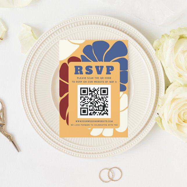 Retro Groovy Boho Chic Floral Wedding QR CODE RSVP Card (Retro Groovy Boho Chic Floral Wedding QR CODE RSVP Card)