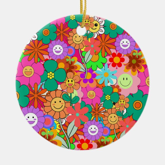 Retro Groovy Boho Hippie Flowers Ceramic Ornament (Front)