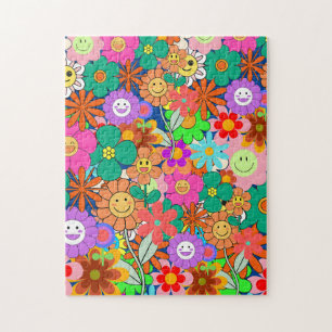 Retro Groovy Boho Hippie Flowers Jigsaw Puzzle