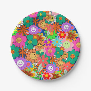 Retro Groovy Boho Hippie Flowers Paper Plate