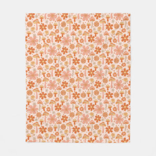 Retro Groovy Boho Pink Orange Disco Mushrooms Fleece Blanket