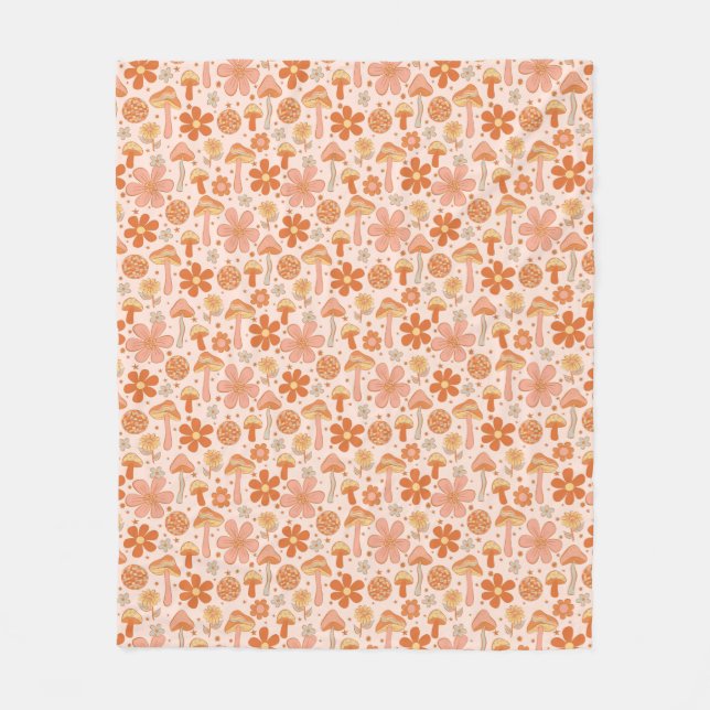 Retro Groovy Boho Pink Orange Disco Mushrooms Fleece Blanket (Front)