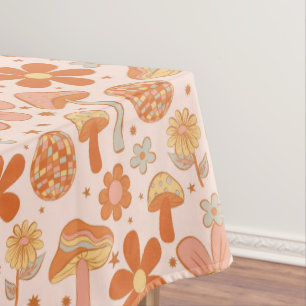 Retro Groovy Boho Pink Orange Disco Mushrooms Tablecloth