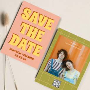 Retro Groovy Bold & Bright Boho Wedding Qr Code  Save The Date