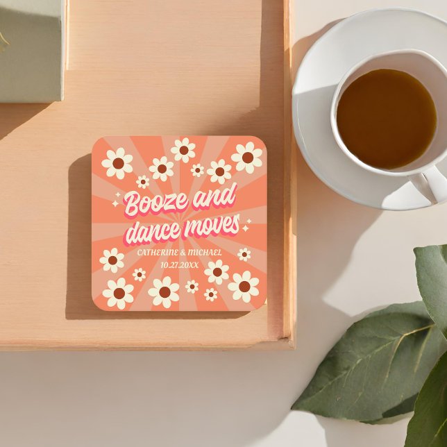 Retro Groovy Bold Typography Colourful 70's Weddin Square Paper Coaster (Creator Uploaded)