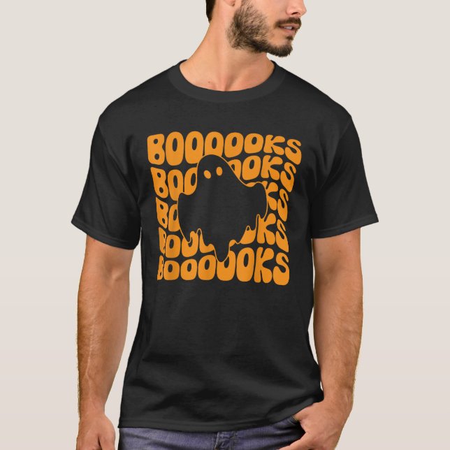 Retro Groovy Boooks Ghost Reading Librarian Reader T-Shirt (Front)