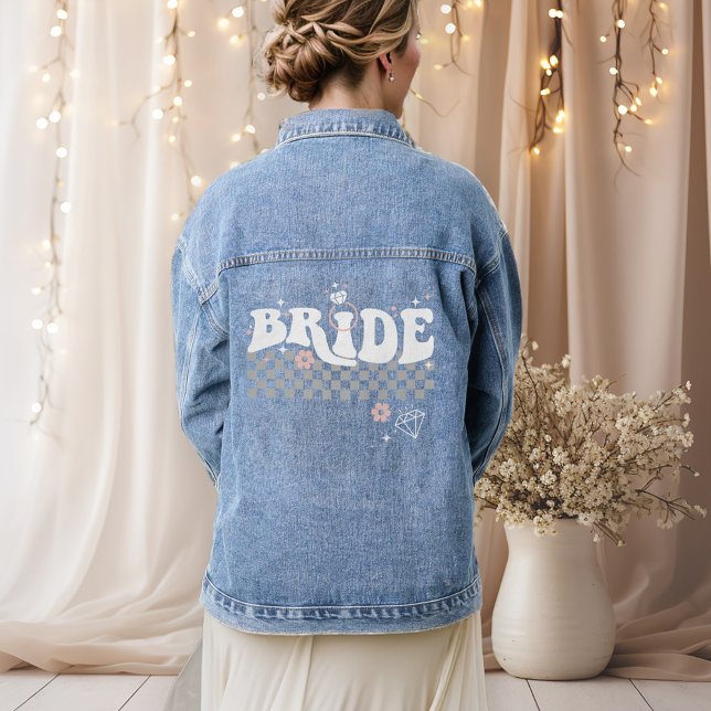 Retro Groovy Bride I Diamond Ring I Trendy Wedding Denim Jacket (Retro groovy vintage flowerchild Bride, trendy wedding denim jacket, blush pink & white, diamond)
