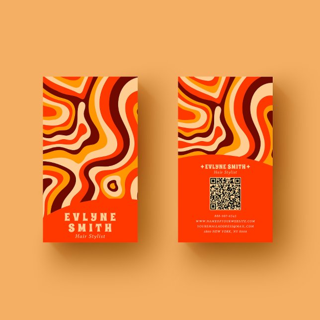 Retro Groovy Bright Orange QR Code Bold Boho  Business Card (Creator Uploaded)