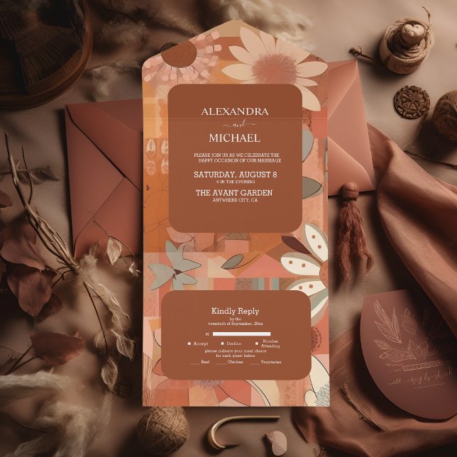 Retro Groovy burn orange floral wedding All In One Invitation (Creator Uploaded)