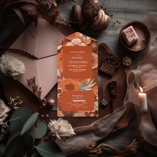 Retro Groovy burn orange floral wedding All In One Invitation (Creator Uploaded)