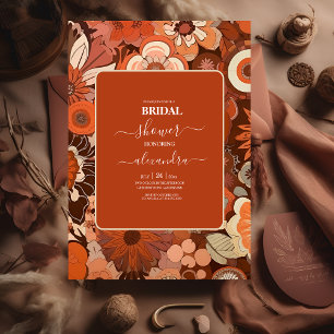 Retro Groovy burn orange floral wedding Invitation