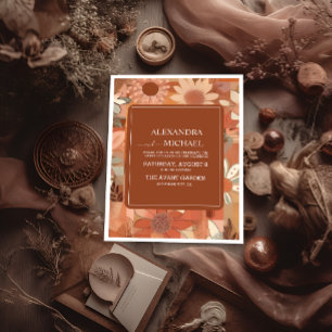 Retro Groovy burn orange floral wedding Invitation