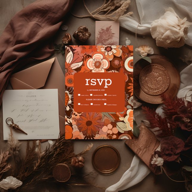 Retro Groovy burn orange floral wedding RSVP Card (Creator Uploaded)