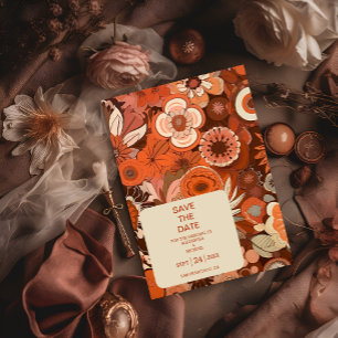 Retro Groovy burn orange floral wedding Save The Date