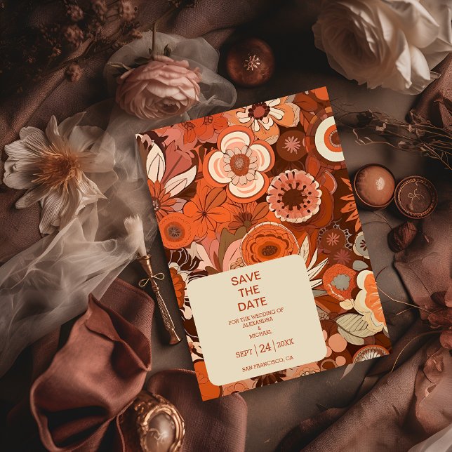 Retro Groovy burn orange floral wedding Save The Date (Creator Uploaded)