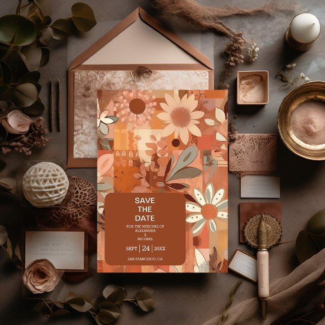 Retro Groovy burn orange floral wedding Save The Date (Creator Uploaded)