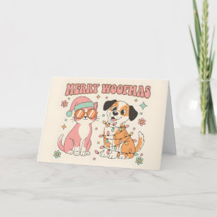 Retro Groovy Cat & Dog Merry Christmas Holiday Card