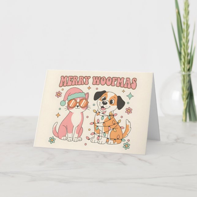 Retro Groovy Cat & Dog Merry Christmas Holiday Card (Front)