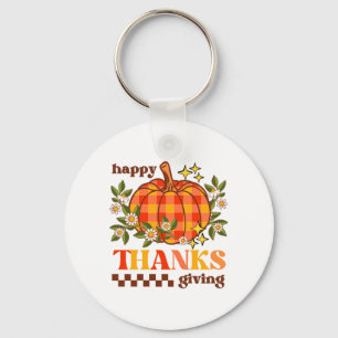 Retro Groovy Checkered Pumpkin Daisy Thanksgiving Key Ring